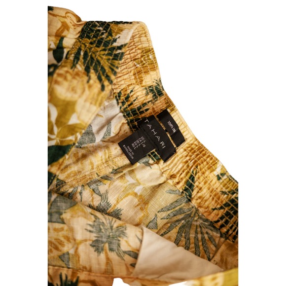 Tahari Women's 100% Linen Tan W Palm Leaves Wide Leg Elastic Waist Pants large - Picture 2 of 4
